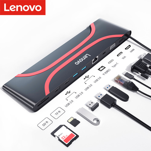 Lenovo Original USB-C 울트라 씬 팽창 도크 Type-C 도크 데스크탑베이스 X390 x1 x13 T14 T15 T490 개발 포터 HDMI VGA RJ45 네트워크 포트 USB 인터페이스