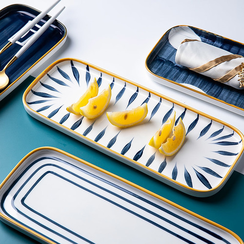 일본식 도자기 접시 크리에이티브 가정용 장방형 도마 레드 식기 양식 스테이크 접시 조식 접시