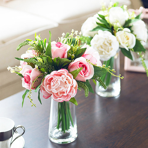 노르딕 모란 그린 실크 꽃 식탁 장식 플라스틱 꽃 실내에 차 몇 송이 꽃 장식