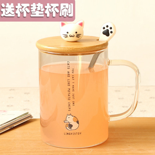 일본식 귀여운 고양이 캐릭터 유리잔 뚜껑주걱 사무실 고온내수용 물컵 우유컵 가열 가능
