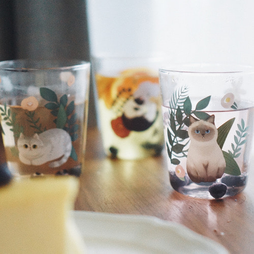 묘길MEWJI 오리지널 그림 귀여운 고양이 유리잔 투명 쥬스 우유컵 물컵 패턴 모음