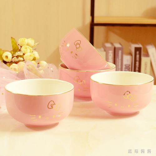 가정용 볼 금테 고급 쌀밥그릇 보기 좋은 도자기 세트 귀여운 캐릭터 핑크 밥그릇