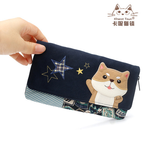키네 고양이 귀여운 캐릭터 순면 캔버스 퍼즐 디자인 장년식 지갑 카드 지갑 휴대폰 가방녀