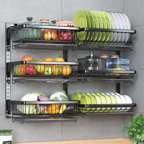 무타공 스테인리스 스틸 주방 선반 벽걸이 가정용 다층 수납 바구니 과일 야채 바구니