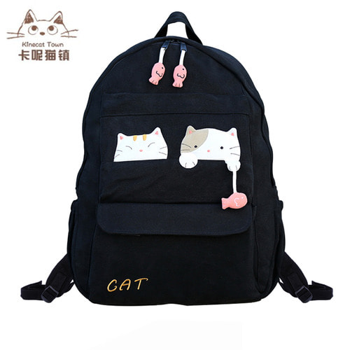 KINECAT KINE 고양이 귀여운 낚시 고양이면 캔버스 학생 학교 가방 심플한 여행 가방 일본과 한국
