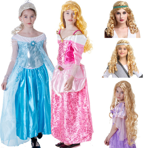 할로윈 신데렐라 Rapunzel Princess Mermaid Sleeping Beauty Queen Frozen Pirate Wig Hair 세트