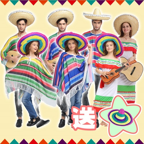 할로윈 멕시코 민족 스타일 코스프레 의상 망토 밀짚 모자 어린이 성인 남성과 여성 성능 의류