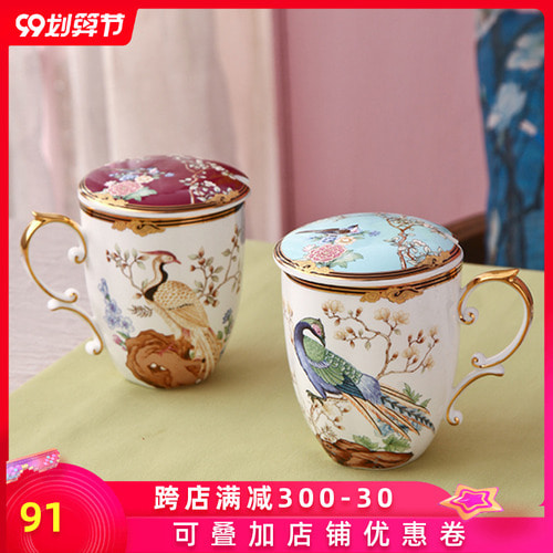중국 유행 스타일 고가의 뼈 차이나 머그잔 개성 트렌드 뚜껑이 달린 크리에이티브 세라믹 컵 대용량 선물 상자