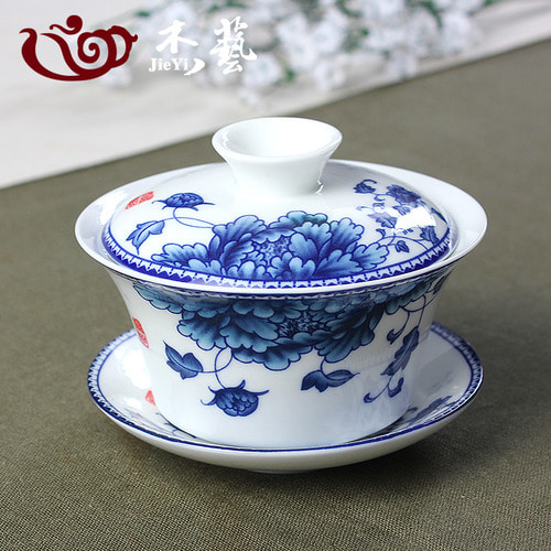 Gaiwan 찻잔 찻잔 큰 차 세트 Jingdezhen 파란색과 흰색 도자기 차 그릇 세라믹 흰색 도자기 쿵푸 세 재능 그릇 단일
