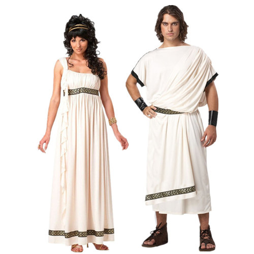 고대 로마 의류 커플 의류 남성과 여성을위한 흰색 토가 가운 년식 로마 전통 의상 그리스 의류 무대 의류