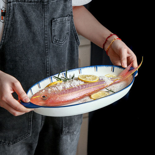 WUXIN 일본 세라믹 접시 생선 요리 찐 생선 요리 생선 구이 요리 가정용 요리 이중 귀 베이킹 접시 전자 레인지 베이킹 접시