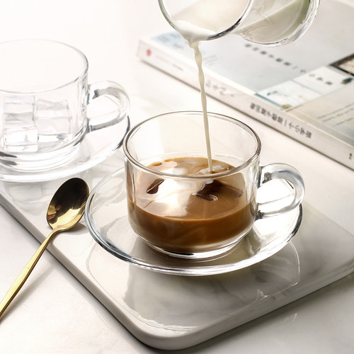 Shang Yong ins 바람 유리 커피 컵과 접시 세트 유럽식 모카 라떼 라떼 투명 컵 애프터눈 티 컵 두껍게