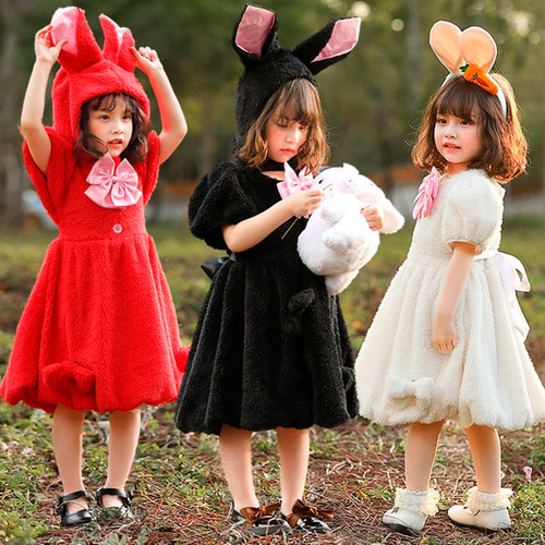크리스마스 어린이 흰 토끼 의상 동물 파티 귀여운 토끼 드레스 무대 공연 귀가 늘어진 토끼 훌리건 토끼Headgear 원피스 子 나비 리본 * 2