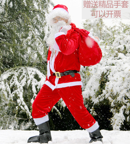 산타 클로스 의상 성인 남편은 남성과 여성을위한 의상을 입혀 두껍게 골드 벨벳 크리스마스 옷을 입 힙니다