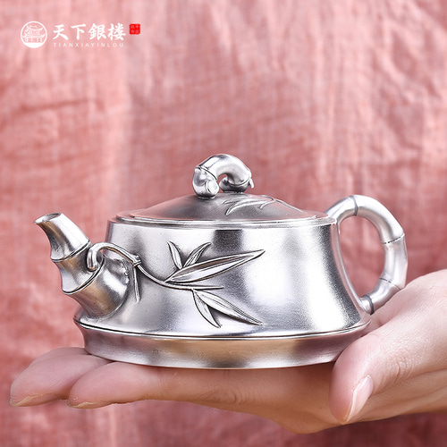 Yinlou Handmade 티pot Silver Kettle Kungfu 티pot Gift Gift Bamboo Baoping Silver 티pot Sterling Silver 999