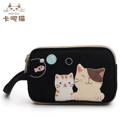KINECAT KINE 고양이 귀여운 패치면 행운의 고양이 3 층 지퍼 전화 가방 클러치 대용량 가방