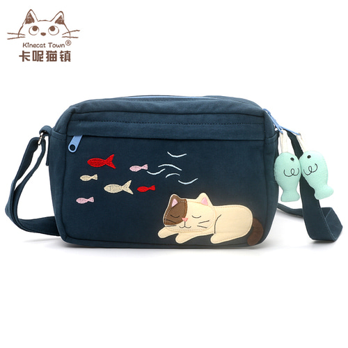 KINECAT kine cat 순수한 면화 수제 패치 워크 아트 여성 가방 편리한 다층 지퍼 메신저 미니 가방