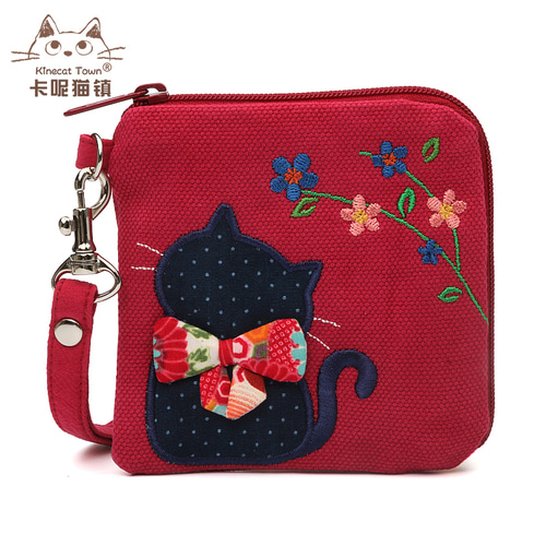 KINECAT KINE 고양이면 전기 자수 패치 워크 작은 신선한 레이디 스타일 손목 가방 휴대용 동전 지갑 동전 가방