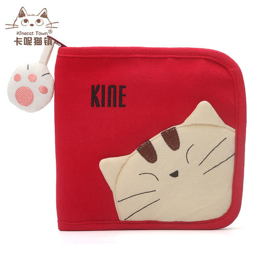 KINECAT KINE 고양이 순면 패브릭 패치 워크 귀여운 프로브 고양이 캐주얼 올 매치 짧은 년식 지갑 레이디 카드 홀더