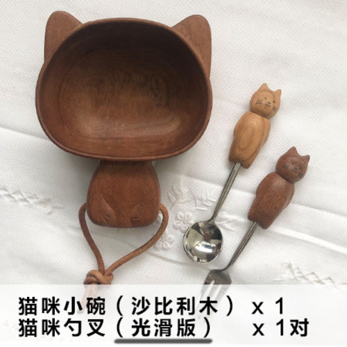 야옹 귀여운 고양이 나무 그릇 일본 어린 이용 작은 나무 그릇 북유럽 인