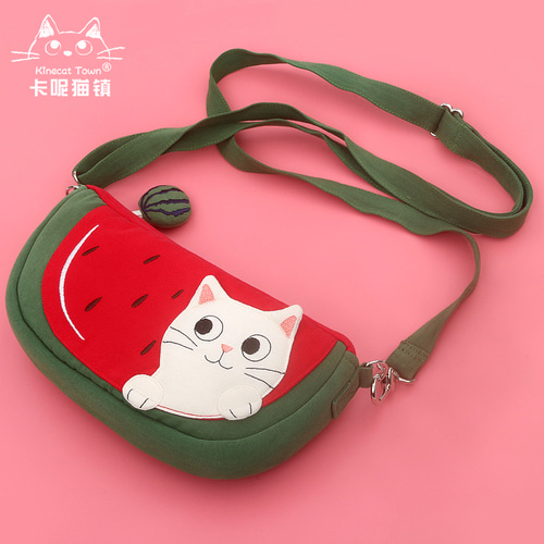 KINECAT kine cat 순수한 면직물 입체 수제 원래 귀여운 과일 수박 작은 메신저 휴대 전화 가방 여성