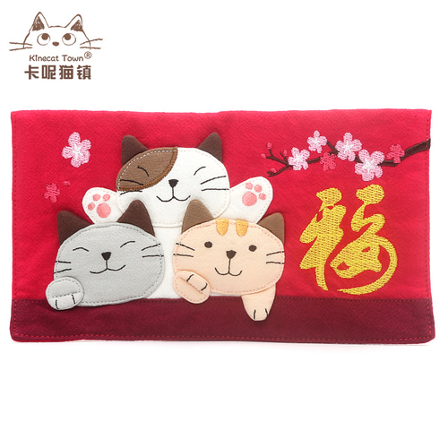 KINECAT KINE 고양이 새해 한정 퓨어 코튼 카툰 귀여운 수제 패치 워크 레드 패킷 가방 럭키 지갑 일본식