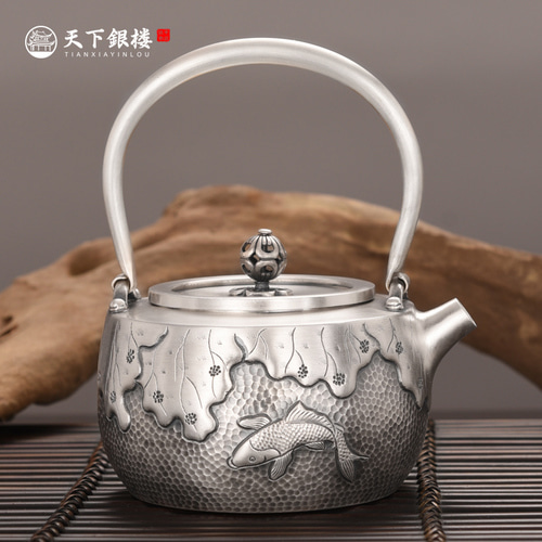 World Yinlou Handmade Pure Silver 999 티 Cup 티pot Kettle Silver Kettle Silver 티 세트 세트 Kung Fu 티 세트