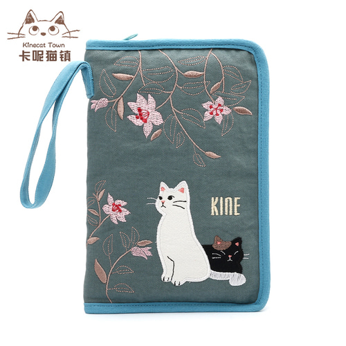 KINECAT KINE 고양이 순수한 면직물 일본과 한국 여성용 휴대 전화 가방 만화 여권 카드 가방 인증서 보관 기내 반입 가방
