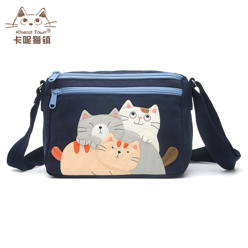 KINECAT KINE 고양이 귀여운 순면 세 고양이 한 어깨 메신저 가방 다기능 세 계층 지퍼 전화 가방