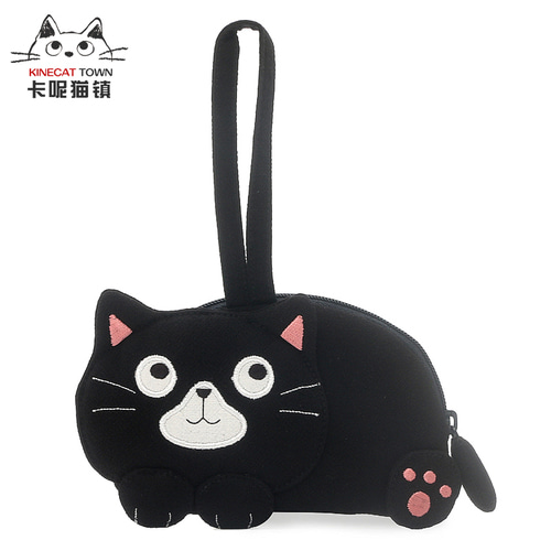 KINECAT KINE 고양이 귀여운 만화 입체 순수한 면화 작은 검은 고양이 작은 변화 동전 가방 카드 가방 미니 손 가방