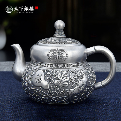 World Silver Building Office Pure Silver 999 Kung Fu 티 세트 Gift Silver 티pot Fulu 티pot Sterling Silver 티pot