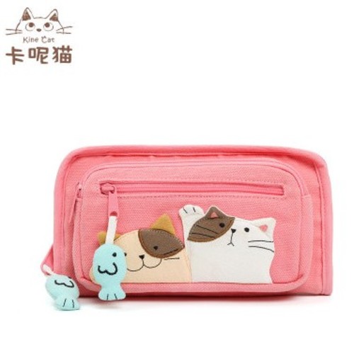 KINECAT KINE 고양이 만화 지갑 대용량 캔버스 롱 년식 일본과 한국 학생 여성 클러치 휴대폰 가방