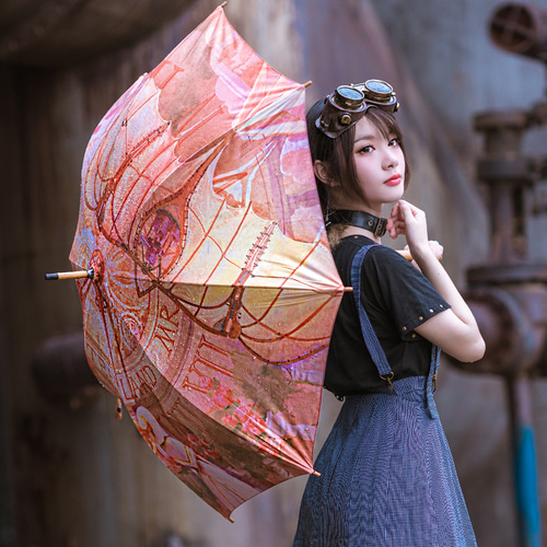 Mr. Yi s steam 컨티넨탈 steampunk 오리지널 프린팅 선크림 목재 스트레이트 롱 핸들 비와 태양 겸용 우산