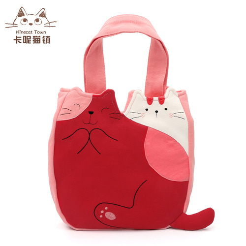 KINECAT KINE 고양이 귀여운 만화 웃는 고양이 순면 돛 쇼핑 작은 핸드백 점심 가방 여성 한국어 버전