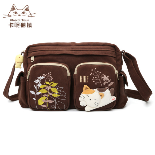 KINECAT KINE 고양이 귀여운 만화 복고풍 코튼 캔버스 모리 걸 쇼핑 숄더백 메신저 백 멀티 백 가방