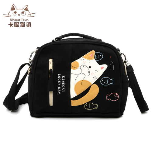 KINECAT KIEN 고양이 면화 캔버스 작은 가방 여성 어깨에 매는 가방 학생 간단하고 다양한 휴대용 메신저 가방 한국어 버전
