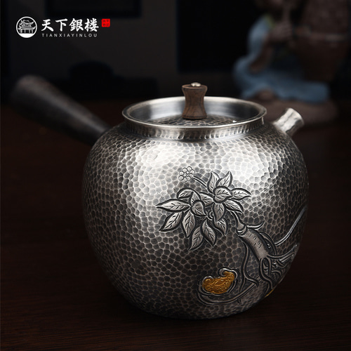 Yinlou 수제 망치 쿵푸 차 세트 세트 Life Ruyi Sterling Silver and Old Gilt 티pot Side Handle Silver Kettle
