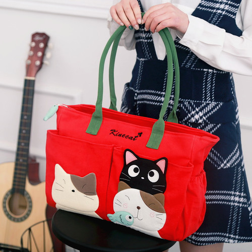 KINECAT KINE 고양이 여자 만화 패브릭 캔버스 스태킹 고양이 어깨 가방 쇼핑 및 쇼핑 숙녀 핸드백