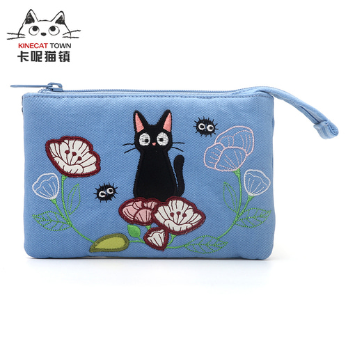 KINECAT KINE 고양이 순면 자수 작은 신선한 꽃 검은 고양이 더블 레이어 짧은 년식 동전 지갑 카드 가방 립스틱 가방