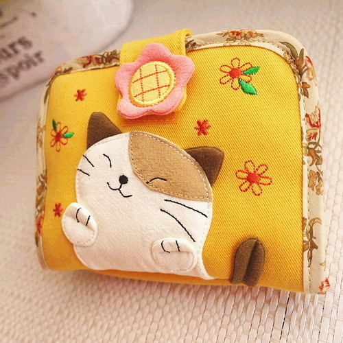 KINECAT KNIE Cat Cute Day 시리즈 Falling Flower Cat Student Pure Cotton Patchwork Cartoon Short 년식 Wallet Card 백 Female