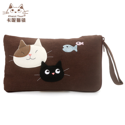 KINECAT kine cat 원래 순수한 면직물 입체 귀여운 패치 워크 간단한 대형 스크린 휴대 전화 가방 손목 가방 지갑