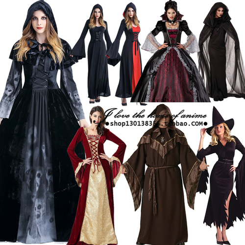 할로윈 Vampire Costume Adult Masquerade Grim Reaper Cloak 블랙 Cloak Cosplay Witch 롱 Dress
