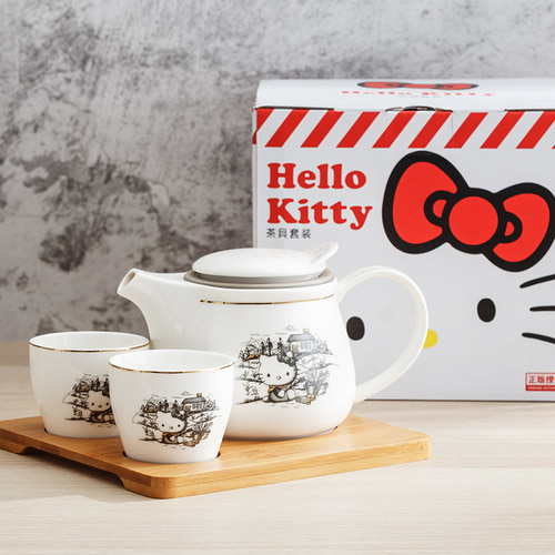 Hellokitty 가정용 차 세트 크리 에이 티브 차 세라믹 찻 주전자 차 컵 차 태블릿 선물 상자 1 냄비 2 컵