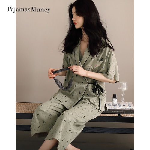 Mania Cotton 및 Clothing Pajamas 여성 여름 얇은 날 느슨한 홈 서비스 튜브 탑 가슴 패드 3 피스 슈트 코튼