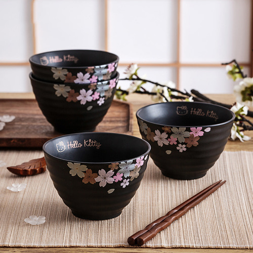 Hellokitty 일본식 벚꽃 그릇 단일 세라믹 먹는 그릇 홈 트럼펫 밥 그릇 디스크 접시 식기 세트